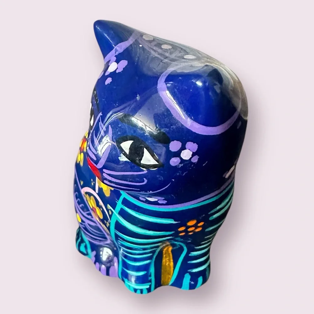 Vintage Hand Painted Ceramic Mexican Folk Art Talavera Cat Figurine With Flowers - Picture 10 of 13
